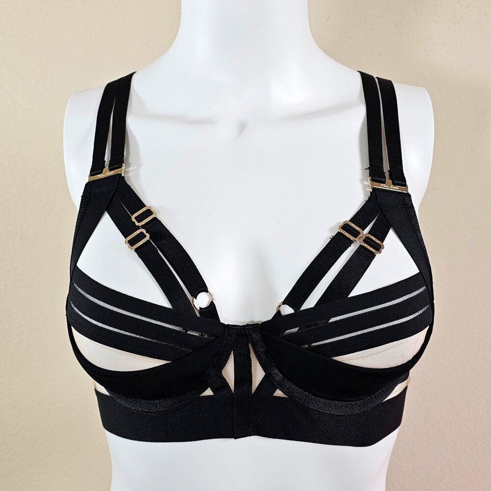 Honey Birdette Linda C Black Strappy Bondage Bra Size 32C